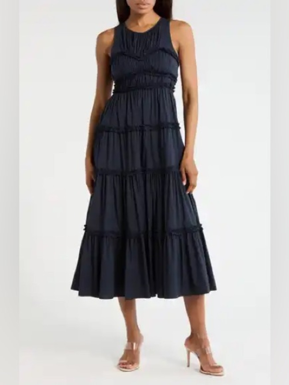 New Cinq a Sept Sirrina Ruffle Tiered Dress Navy Blue Midi Sz 8